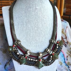 LOFT Antique Brass Tone Mesh Hollow Tube Olive Marbled Rhinestone Bib Necklace